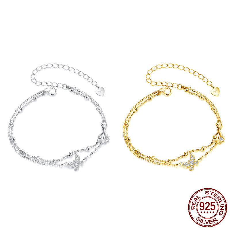 Double layer butterfly bracelet s925 pure silver jewelry for women